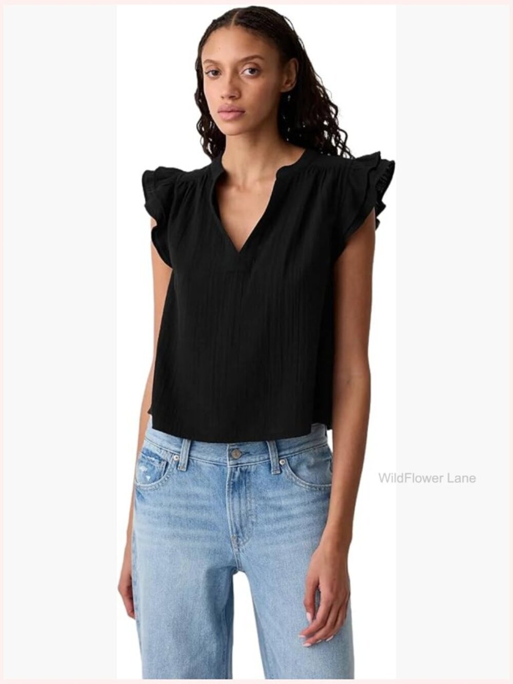 Flutter Sleeve Split Neck Top - Cotton Blend - Regular Fit